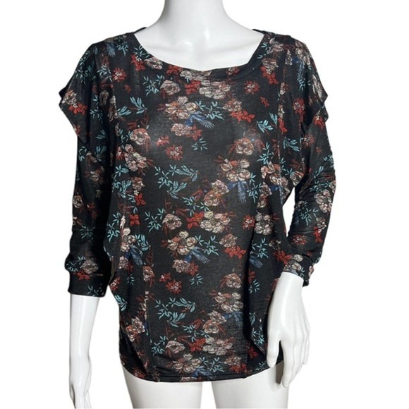 Free People Tops - Free People Shirt Womens XS‎ Black Floral Dock Street Blouse Ruffle Boho Peasant